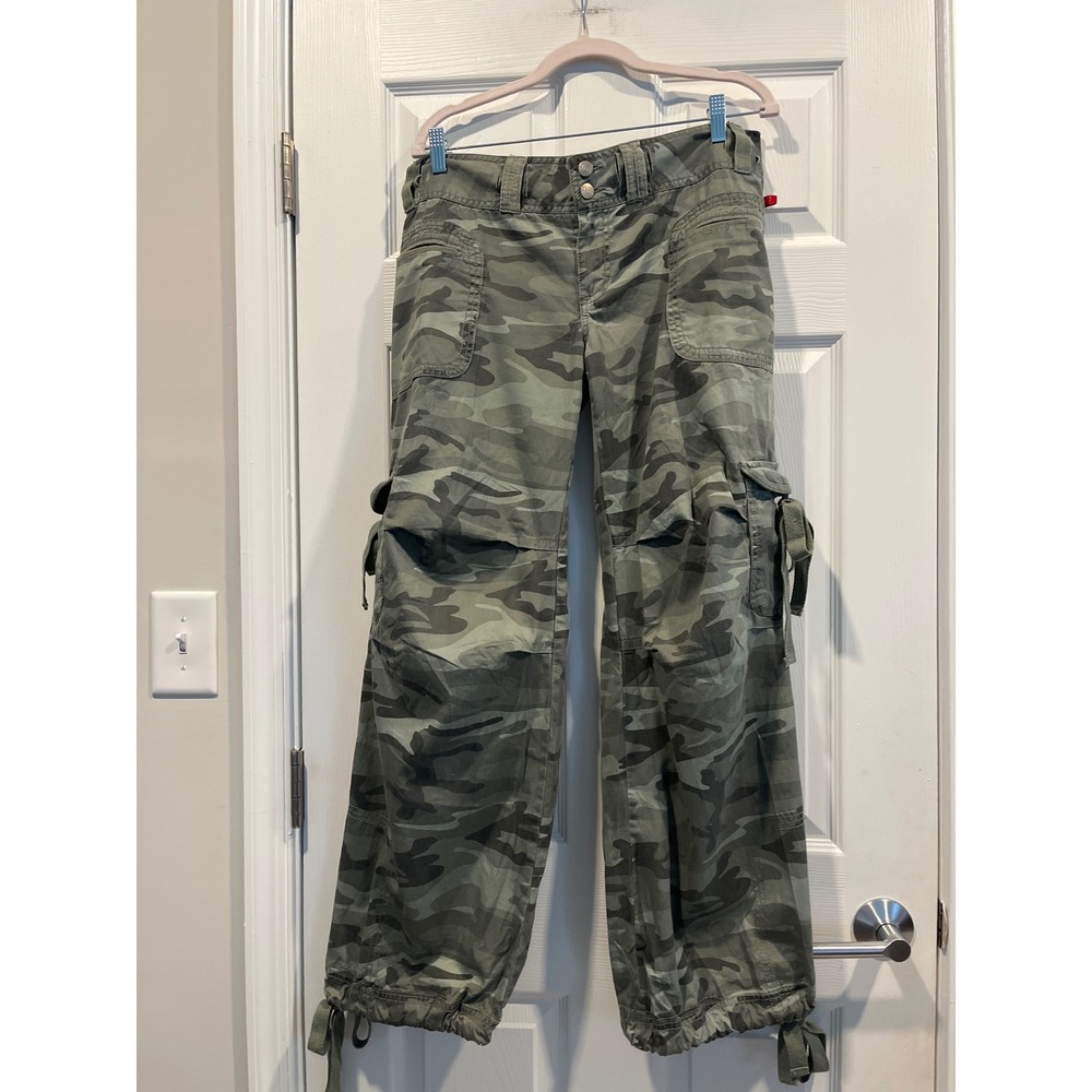 Womens Camo Cargo Pants Green Wide Leg Drawstring Hem Y2K Style